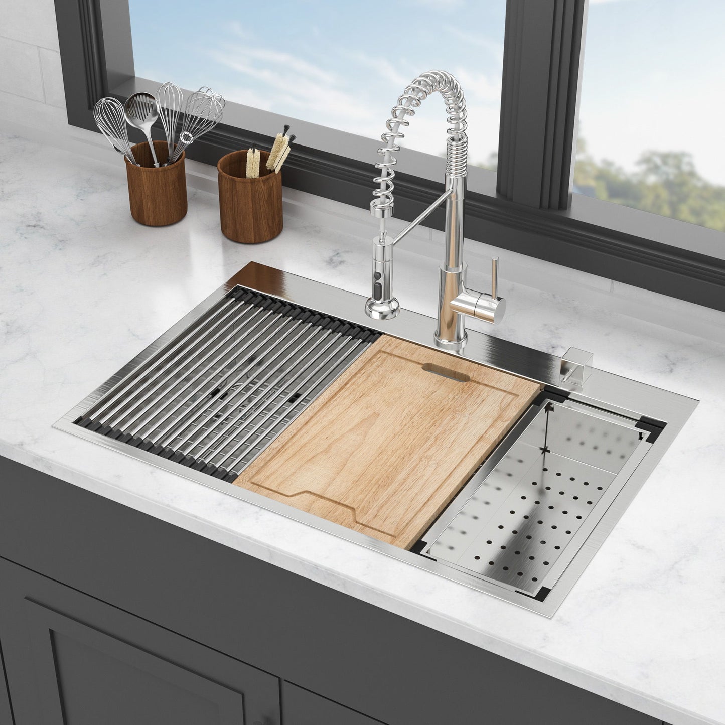 Drop In Kitchen Sink With Workstation, 16 Gauge - Brushed Nickel