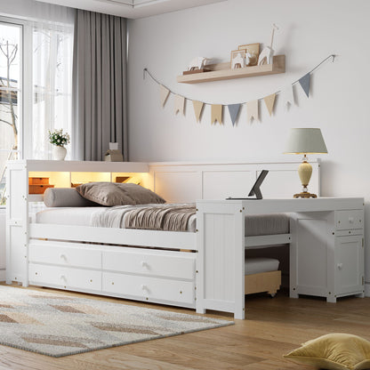 Daybed With Storage Shelves, Drawers, Trundle, Charging Station, LED Light, Desk And Cabinet