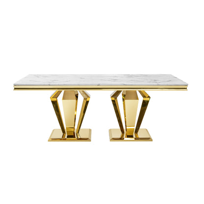 79.53 In. Elegant Marble Pattern Dining Table For 6 Or 8 Seats Polished Stainless Steel Base - Gold