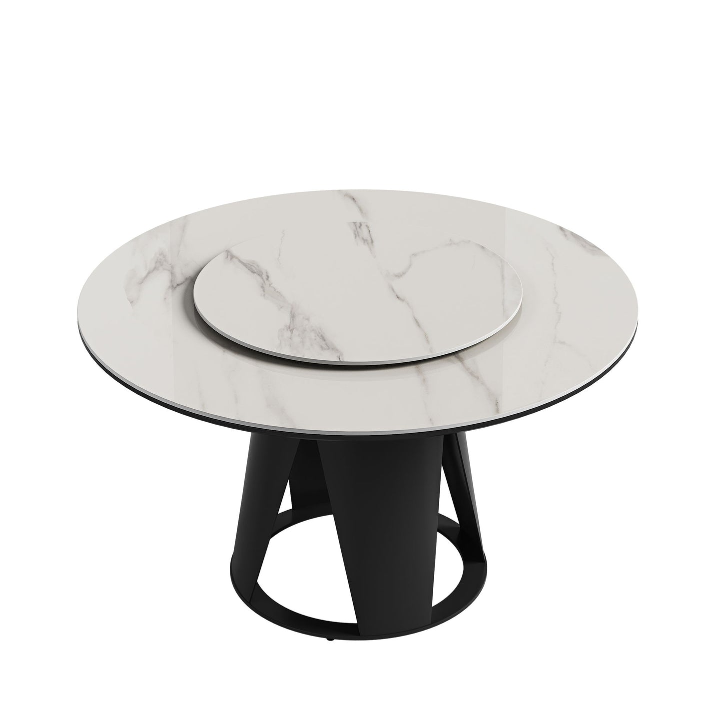 Modern Sintered Stone Dining Table With Round Turntable And Metal Pedestal - White