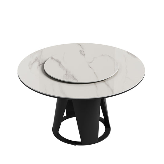 Modern Sintered Stone Dining Table With Round Turntable, Metal Pedestal, And Chairs