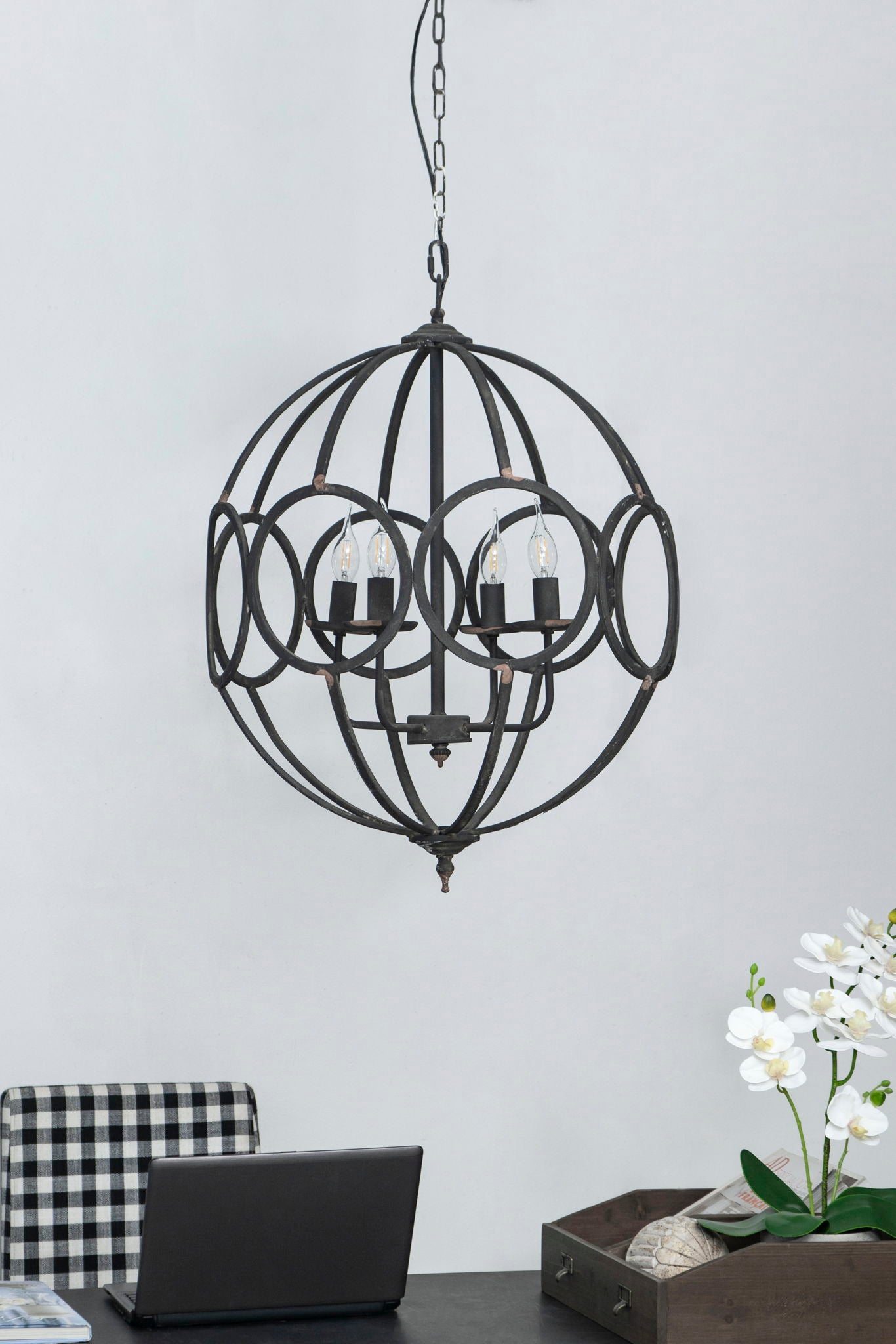 4 Light Metal Chandelier, Hanging Light Fixture With Adjustable Chain For Kitchen, Bulb Not Included - Black