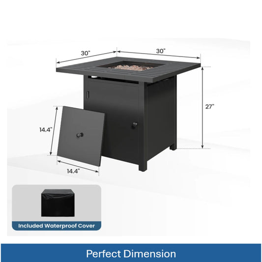 Square 2 In 1 Outdoor Propane Fire Pit Table With Stainless Burner, Lava Rocks, Lid & Waterproof Cover - Black