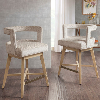 Contemporary Design Swivel Counter Stool With Low Back Support Polyester And Solid Wood - Cream