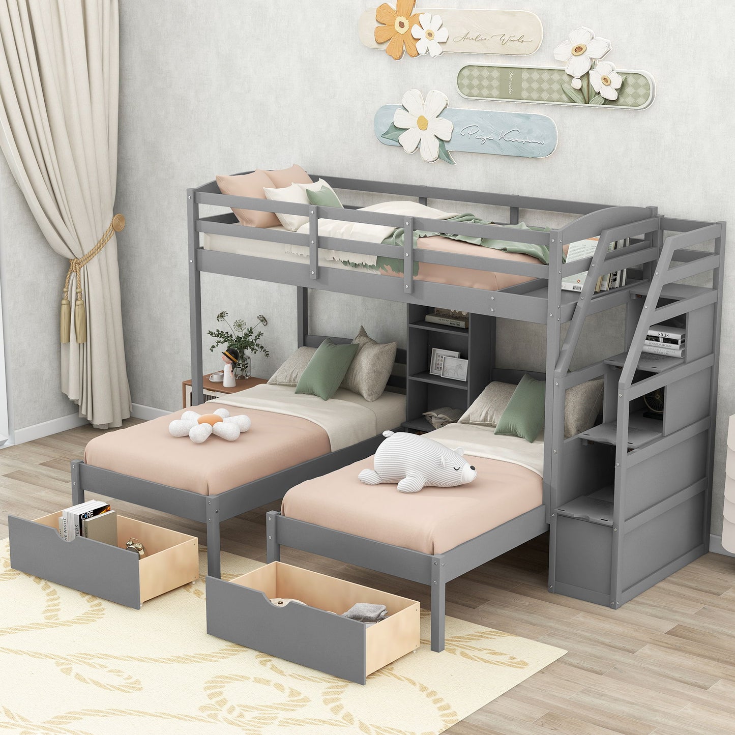 Twin Over Twin & Twin Bunk Bed With Drawers, Staircase Storage, Built In Shelves - Gray