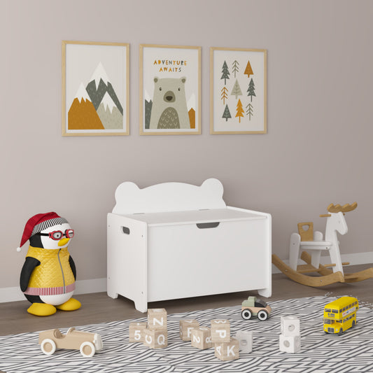 Toy Box With Bear Headboard, Organizer Storage Chest - White