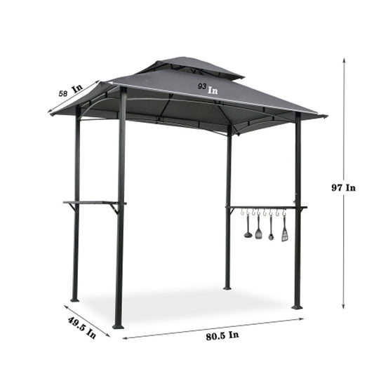 Outdoor Grill Gazebo With Double Tier Soft Top Canopy, Steel Frame, Bar Counters & Hook