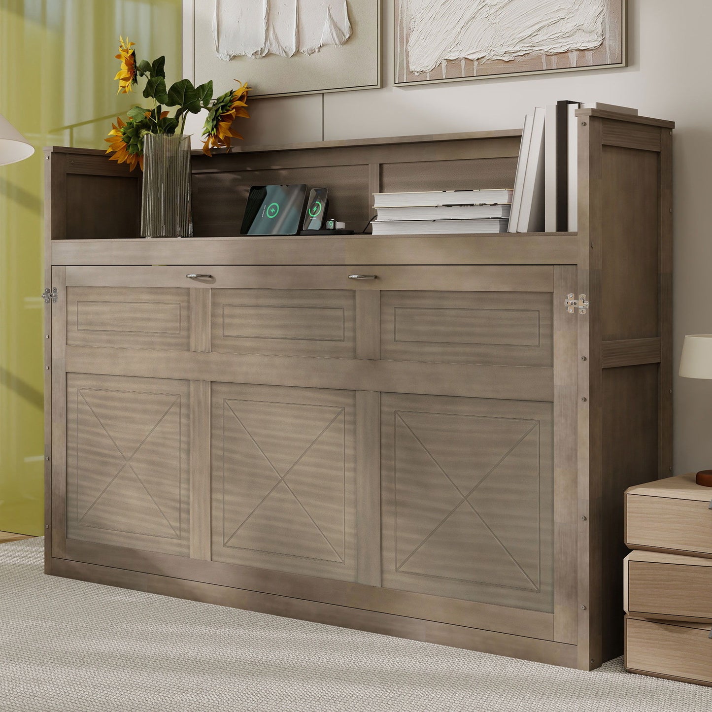 Murphy Bed With Desk, LED Light And USB Charging Station