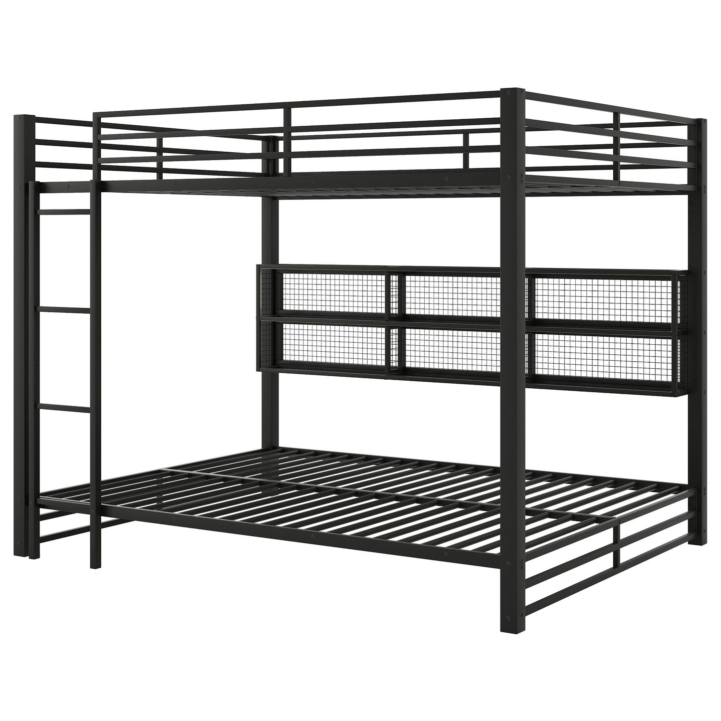 Queen Over Queen Bunk Bed With Storage Cabinets And LED Sturdy Frame, 6 Storage Units, Adjustable LED Lights - Black