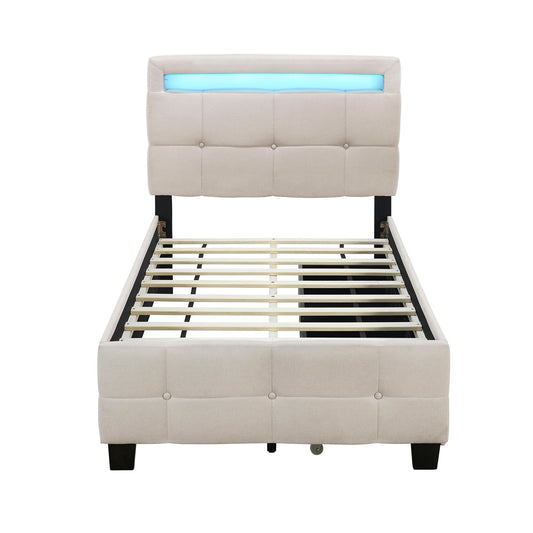 Upholstered Platform Bed With LED Frame, With Trundle And 2 Drawers