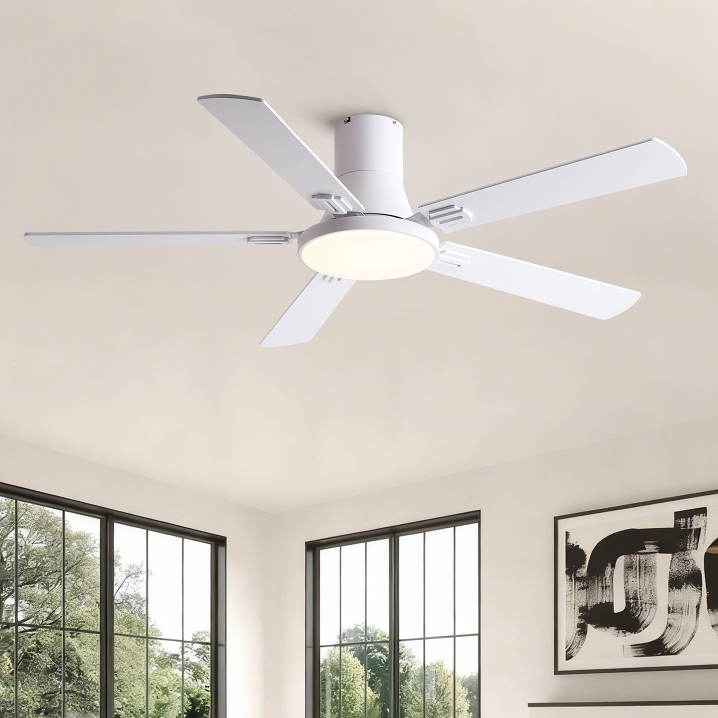 Flush Mount Ceiling Fans With LED Light And Remote Control, 5 Blades