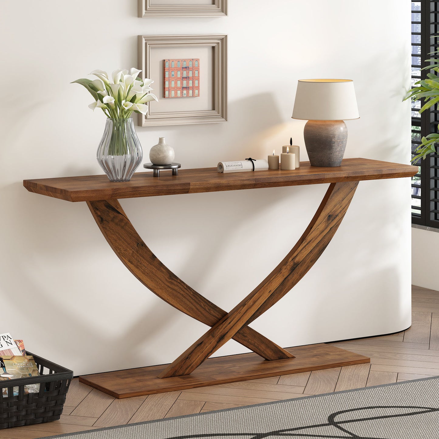 Console Table With Cross Leg Base And Reinforced Support Plate