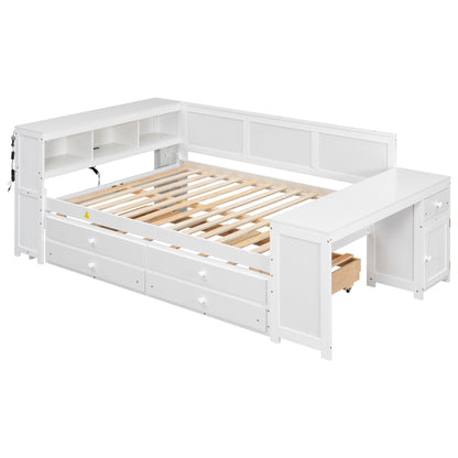 Daybed With Storage Shelves, Drawers, Trundle, Charging Station, LED Light, Desk And Cabinet