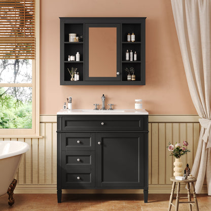 Bathroom Vanity With Mirror Cabinet, Single Sink With 2 Soft Closing Doors And 4 Drawers