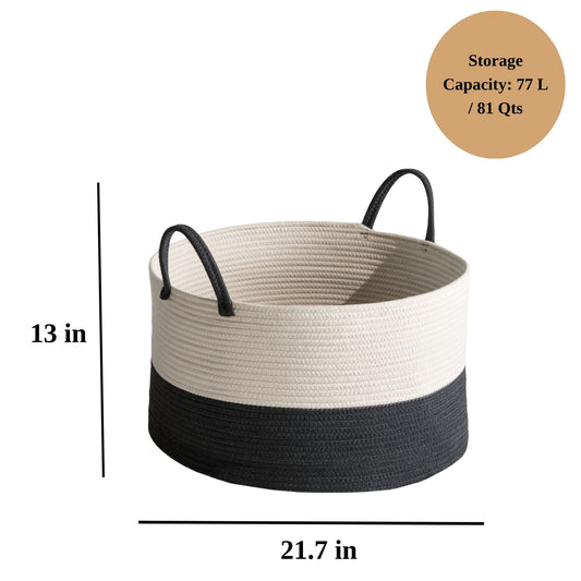 Cotton Round Laundry And Storage Basket With Sturdy Handles - Gray / White