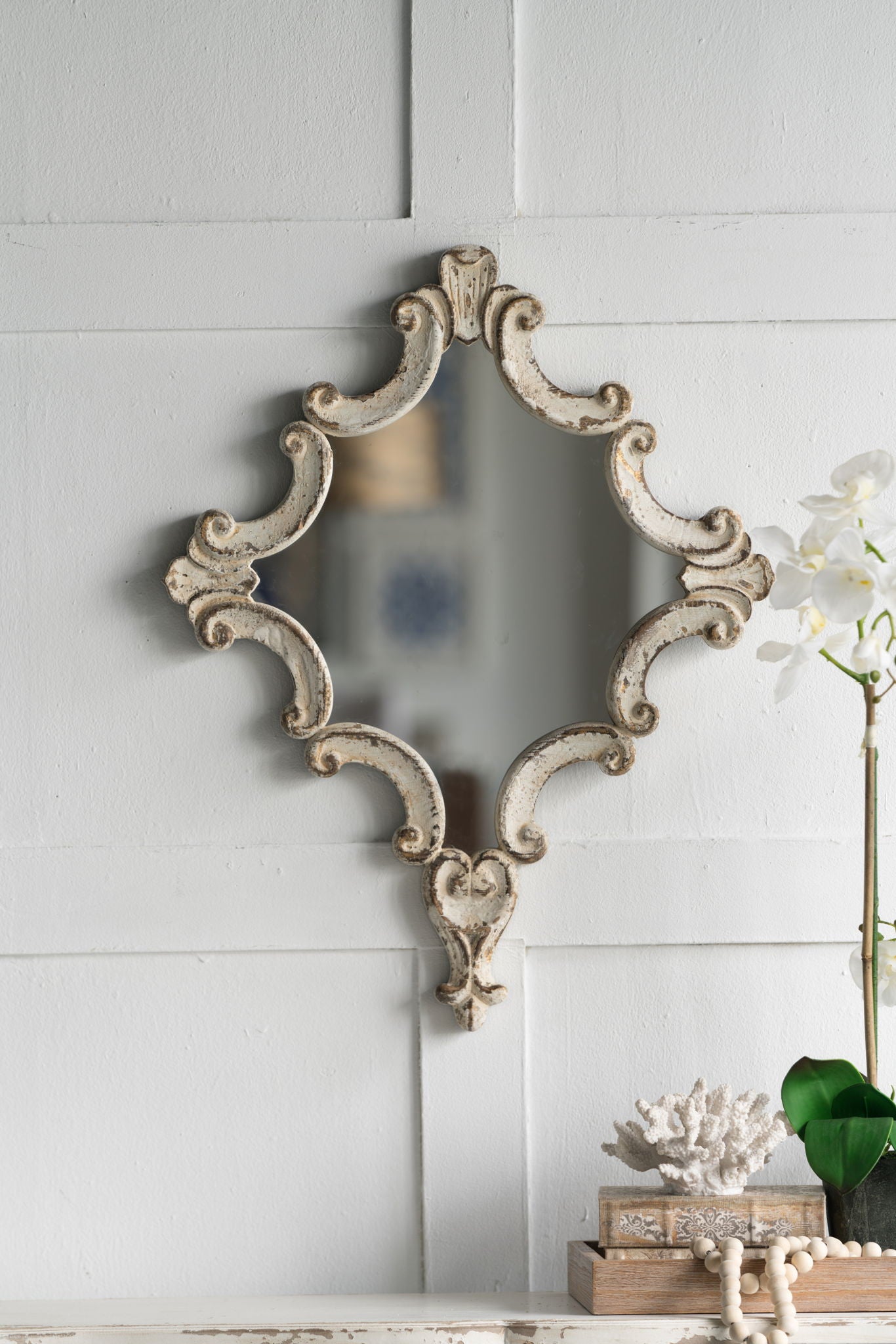 Artistic Diamond Scrollwork Mirror, Home Accent Mirror For Living Room, Entryway, Bedroom, Office - Antique White