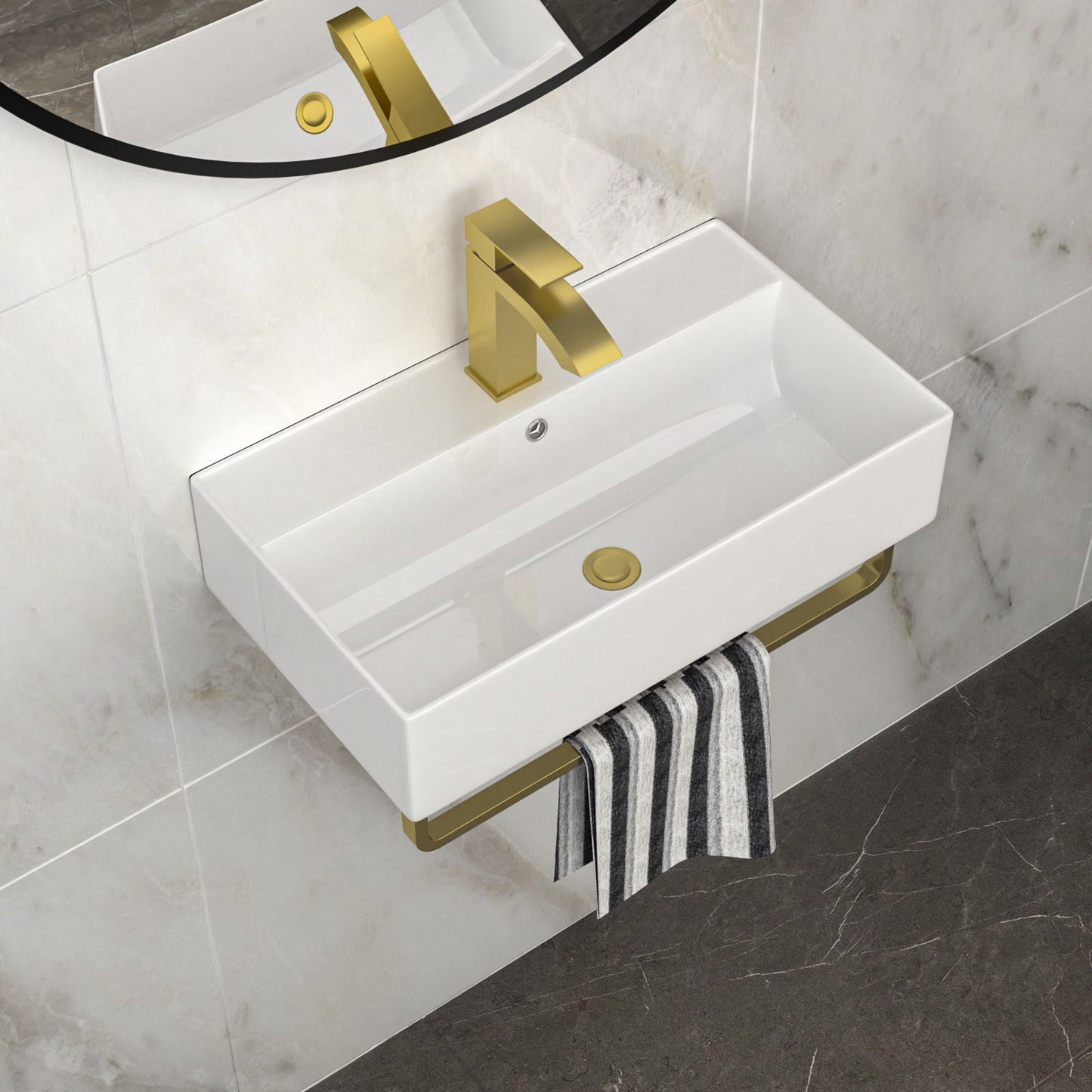 Wall Mounted Rectangular Bathroom Sink With Towel Bar