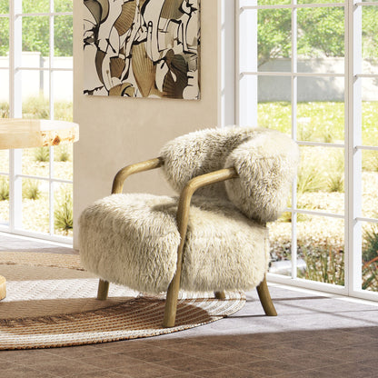 Becker - Rustic Oak Sheepskin Upholstered Accent Arm Chair - Taupe Beige