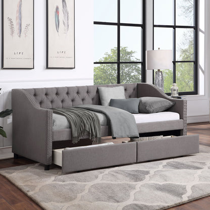 Twin Size Upholstered Daybed With Two Drawers, Slat Support - Gray