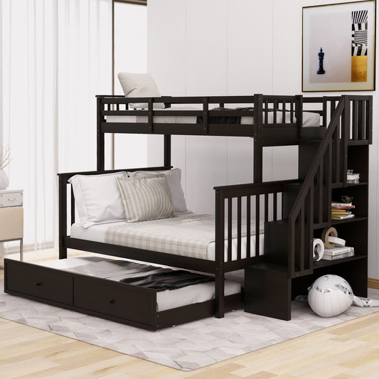 Bunk Bed With Twin Size Trundle, Storage And Guard Rail For Bedroom