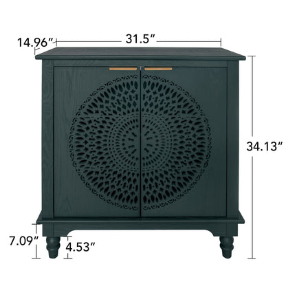 Hollow Carved 2 Door Accent Cabinet With Adjustable Shelf, Sideboard Buffet For Entryway, Living Room Or Bedroom - Blackish Green