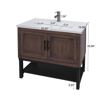 Modern Freestanding Bathroom Vanity With Ceramic Sink, Hot And Cold Faucet, Storage Cabinet & Open Shelf