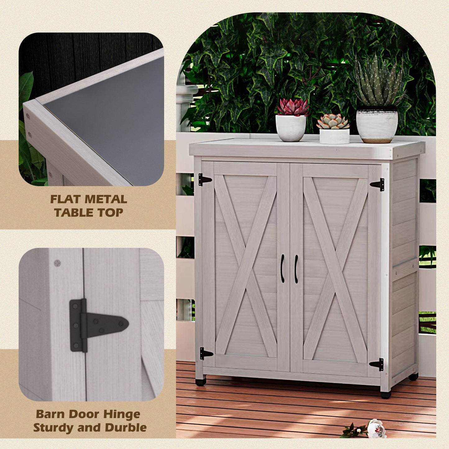 Rustic Cedar Wood Potting Bench With Storage Cabinet And Metal Top For Outdoor Patio - Gray