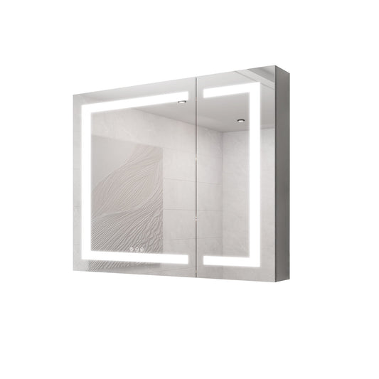 36" X 30" Medicine Cabinet With LED Vanity Mirror, Anti-Fog Recessed Or Surface Mount Bathroom Double Door Large Storage 3000K~6000K Bright Lighted Aluminum Storage Cabinet With Touch Switch - Silver