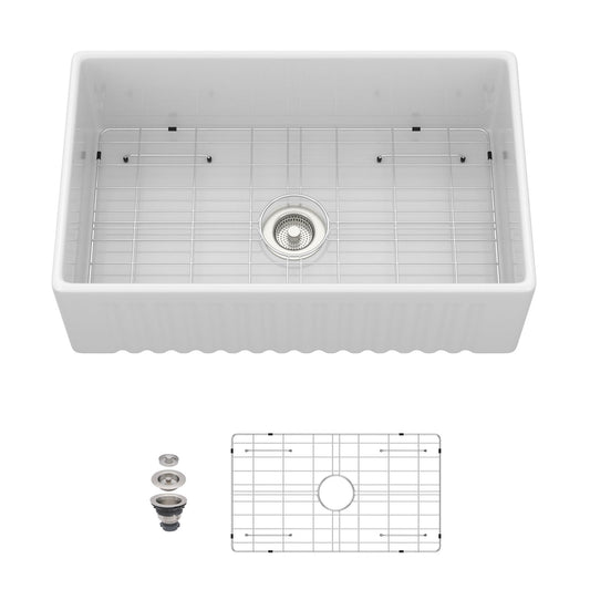 Apron-Front Reversible Single Bowl Kitchen Sink With Accessories - White