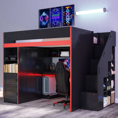 Gaming Loft Bed With Desk And Storage, LED Lights