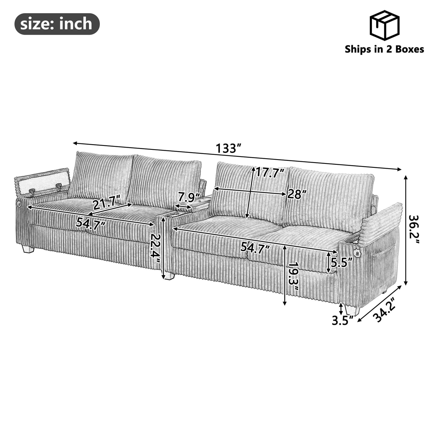 Modern 4 Seater Corduroy Sofa Couch With USB Ports And Hidden Storage