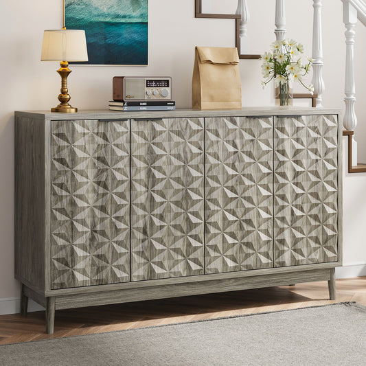Modern Style Buffet Cabinet, Sideboard Buffet Cabinet With Storage, Storage Cabinet With 4 Diamond Shaped Relief Doors For Living Room, Dining Room, Entryway, Hallway, Kitchen - Gray - Gray