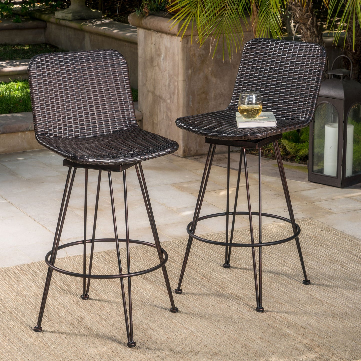 Outdoor Rattan Barstools With Black Brush Copper Iron Frame (Set of 2) - Multi Brown