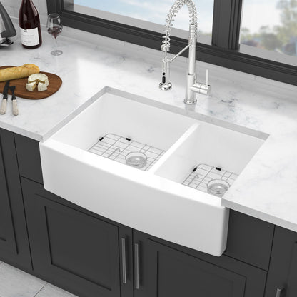 Sink 33" Double Bowl 60 / 40 Kitchen Sink With Deep Basin And Grids - White