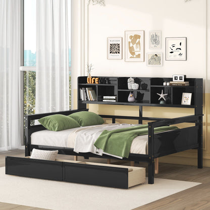 Daybed, Wood Slat Support, With Bedside Shelves And Two Drawers