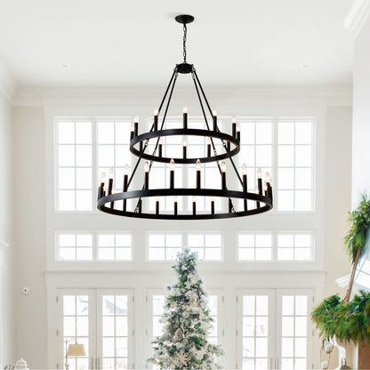 2 Tiers Wagon Wheel Chandelier Wooden Farmhouse 36 Light (24 / 12) Or (12 / 24) Metal Chandeliers 2 Story Light Fixtures Industrial For High Ceiling Living Dining Room Foyer, Adjustable Height - Black