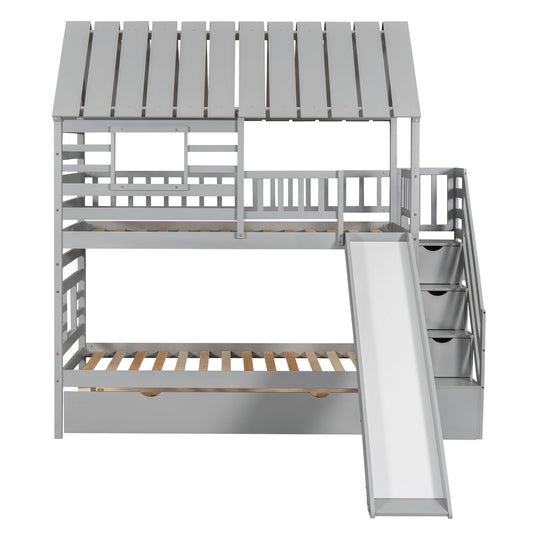 House Bunk Bed With Trundle, Storage Staircase, Roof And Window Design