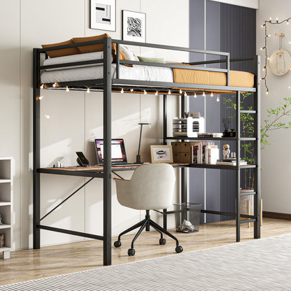 Space Saving Twin Size Loft Bed With L Shaped Desk, Shelves, Charging Station, Led Lights - Brown