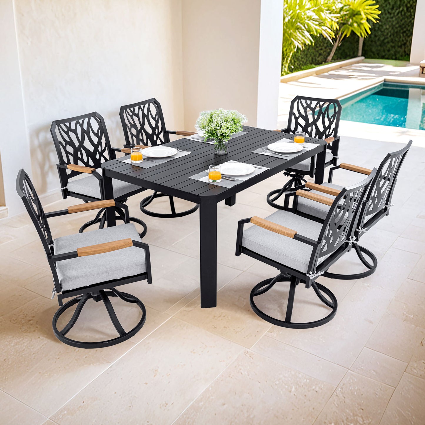 Outdoor Patio Furniture Dining Set With Sunbrella Fabric, Rectangular Table With Umbrella Hole