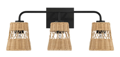 Moonlit - 3 Lights Wall Sconce With Shade, Bathroom Lighting Fixtures Over Mirror - Black / Rattan