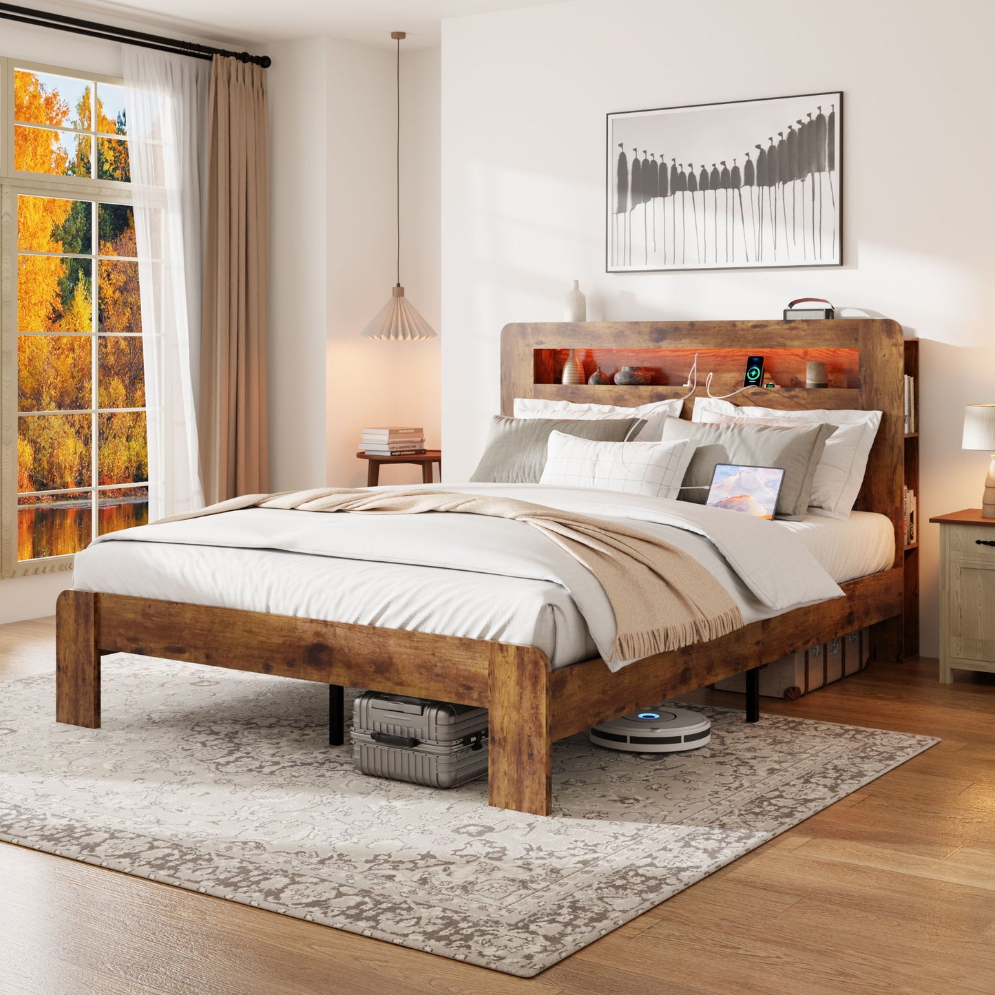 Wood Platform Bed Frame With Storage LED Light Headboard & USB