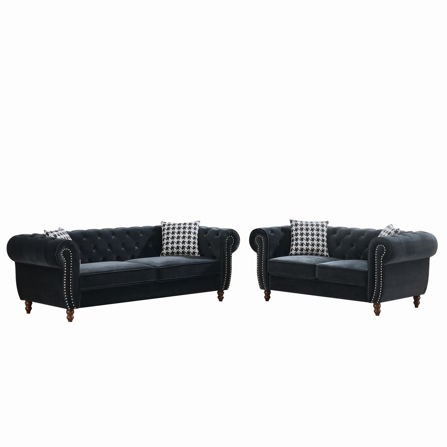 Chesterfield 3 And 2 Seater Velvet Upholstery Sofa With Roll Armrest & Nailhead Fabric Couch