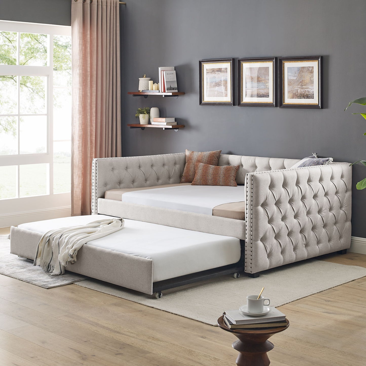 Inspired Upholstered Daybed With Trundle, Button Tufted