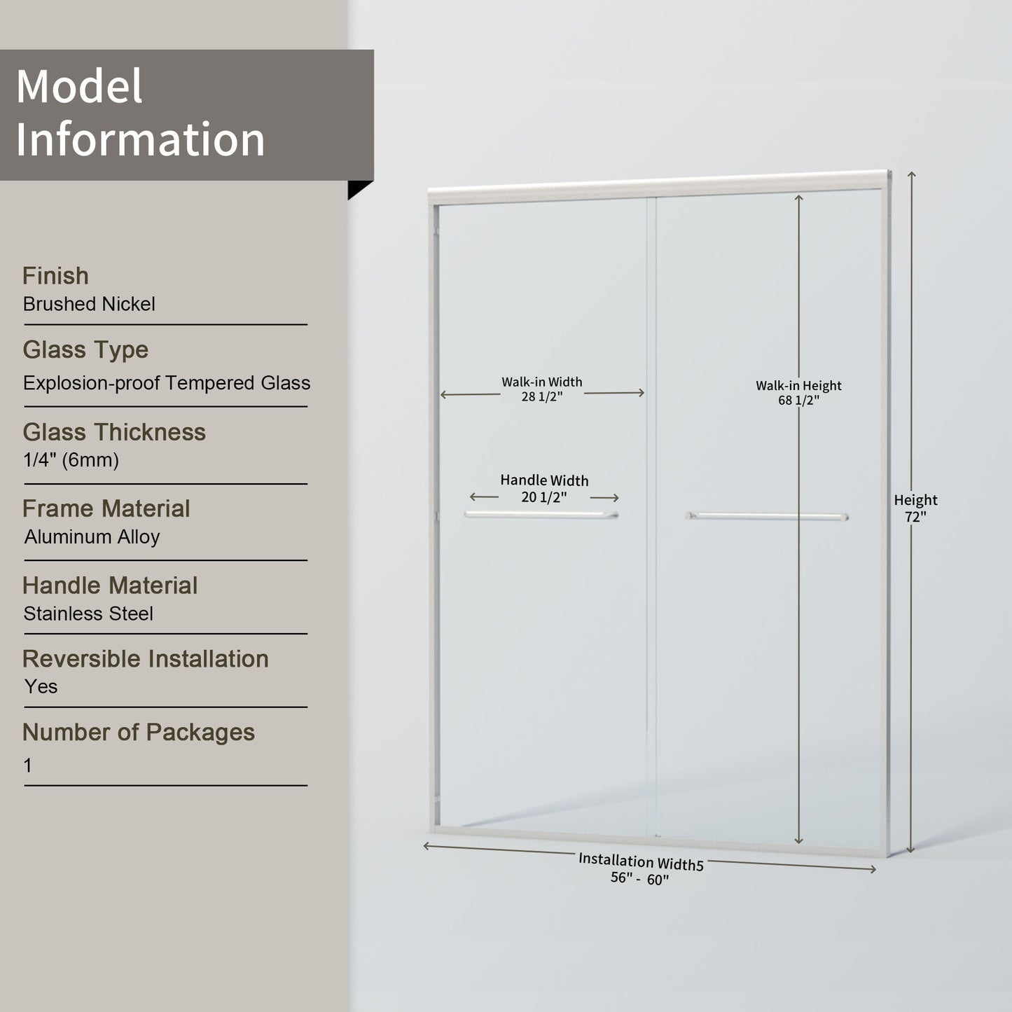 Double Sliding Shower Door, Semi-Frameless Bypass Bathroom Sliding Door With 1/4" (6 Mm) Tempered Glass For Walk-In Shower
