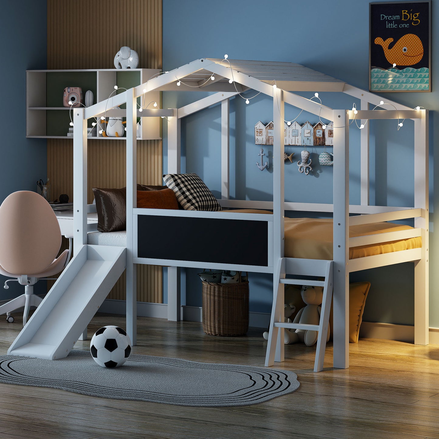 Loft House Bed With Ladder And Slide, With Blackboard And Light Strip On The Roof