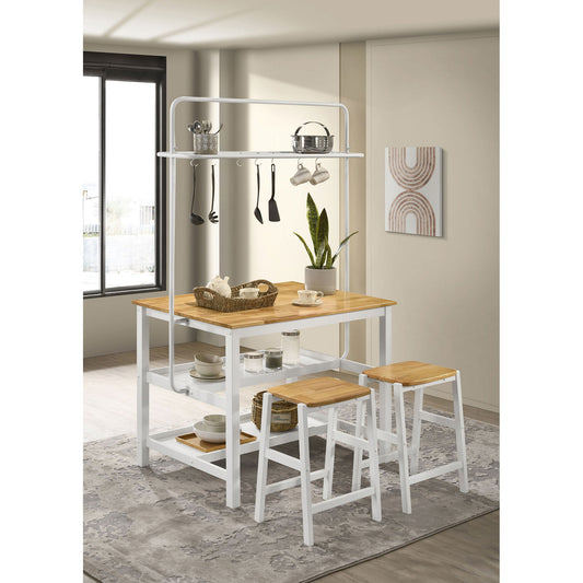 Prager - 3 Piece Kitchen Island Counter Table Set With Overhead Rack And Backless Stools - White