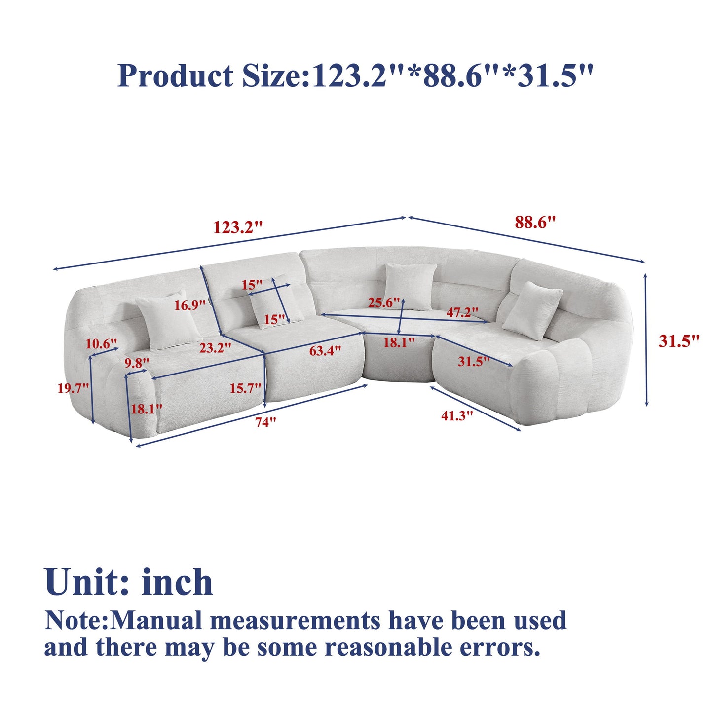 Luxury Curved Corner Sectional Sofa With 4 Pillows