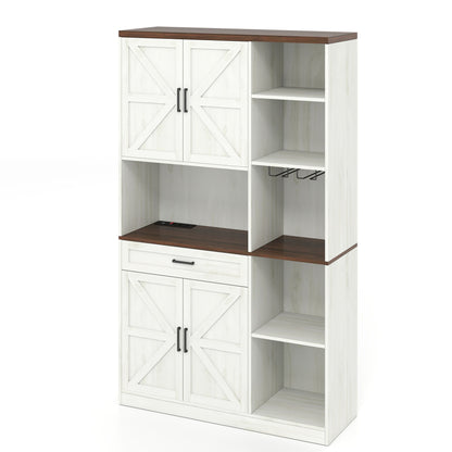 Farmhouse Kitchen Pantry Sideboard With Cabinet And Drawer, Multi Functional Kitchen Buffet With Hutch And Glass Holder, Microwave Stand With Charging Station - Brown / Antique White