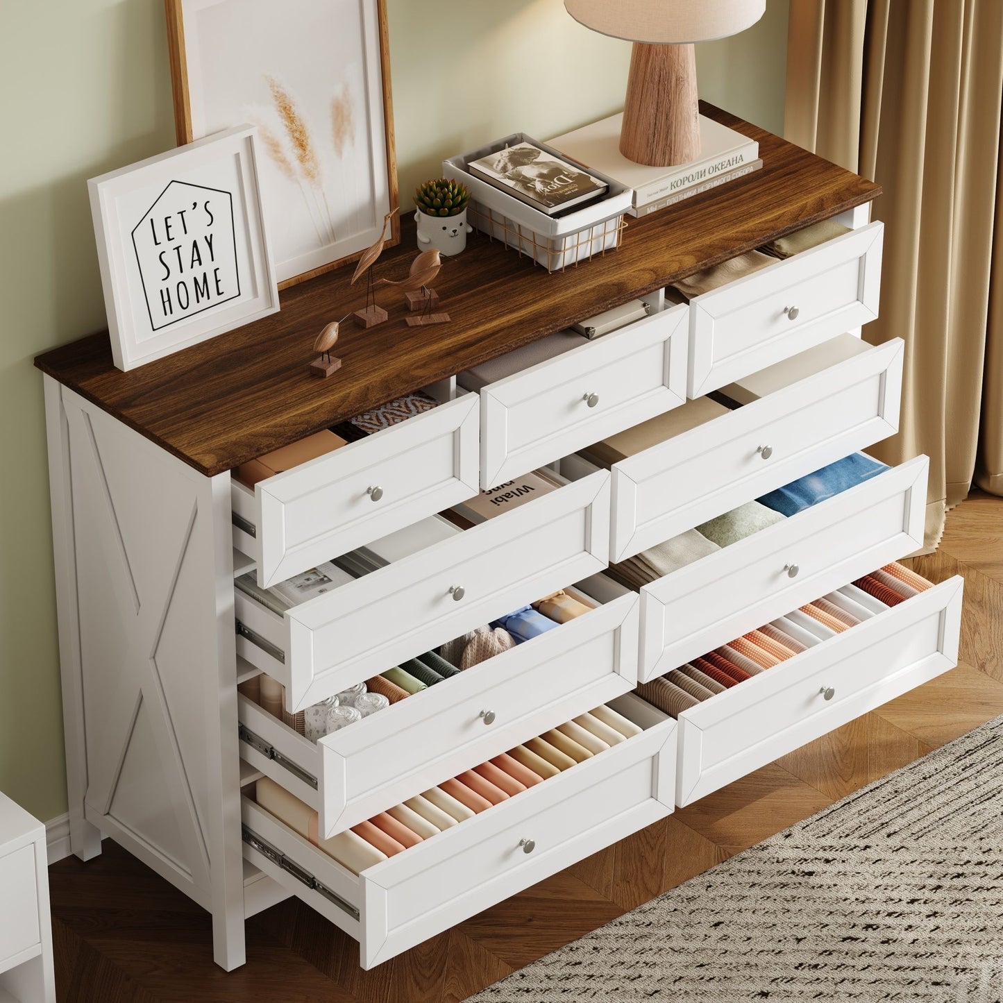 Rustic Storage Dresser With 9 Drawers And Silver Handle