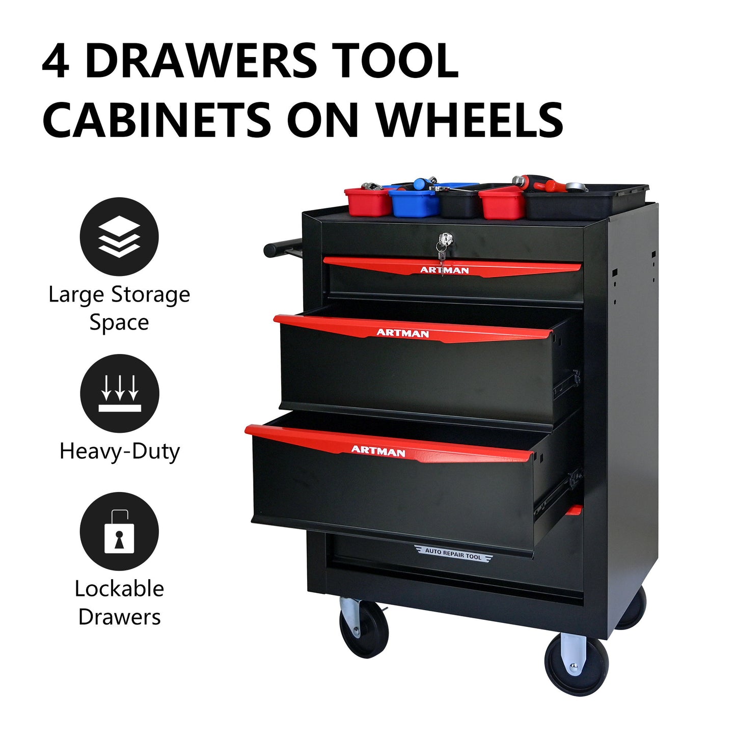 Rolling Metal Tool Chest With Drawers, Steel Storage Cabinet With Ball Bearing Slides